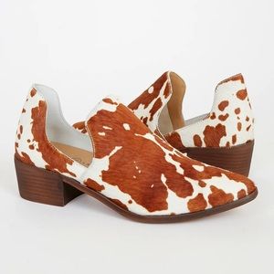 Fortune Brown and White Cow Print Pointed-Toe Ankle Booties
